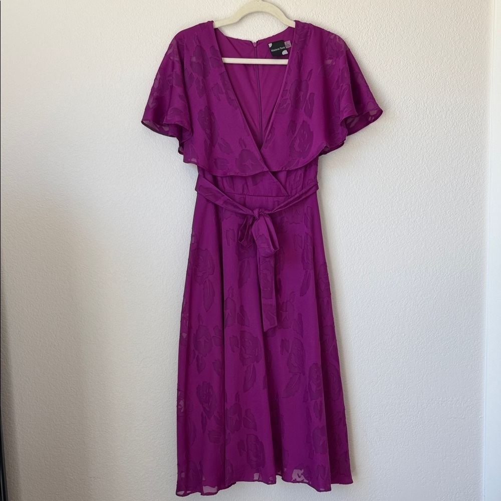 Maison Tara Magenta Wrap Midi Dress Tie Waist Flutter Sleeve Sz 4